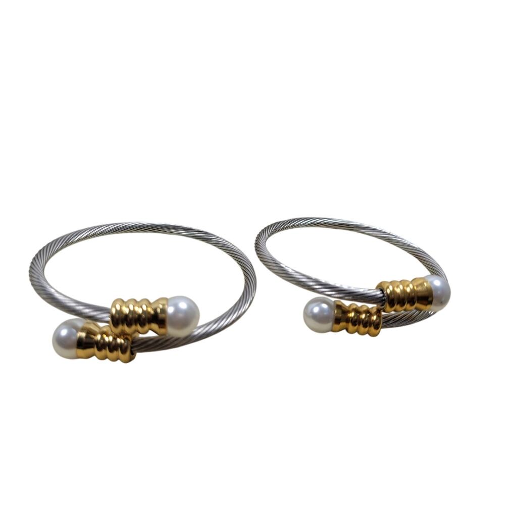 Mixed Metal Stackable Bracelets - Gold & Silver Tones with Pearl Accents - 2 pc